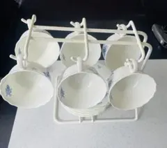 ナルミ チャイナ コーヒーカップ＆ソーサー 6客セット　青い花柄　スタンド付き