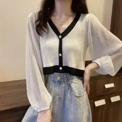 GRL シアースリーブ配色Vネックカーディガン[k8880a]