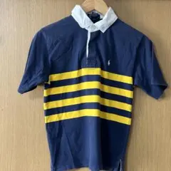 古着ポロラルフローレン 半袖 ラガーシャツ 紺×黄 ボーダー 刺繍ロゴ 希少Jr