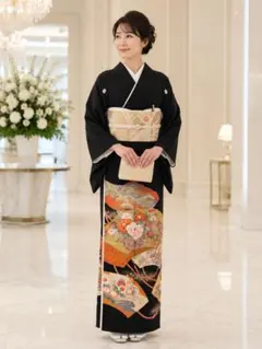 黒留袖 扇面花車文様 金彩 作家物３点セットのサムネイル