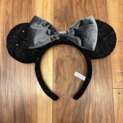 ディズニーカチューシャ 黒ツイード×グレーリボン
