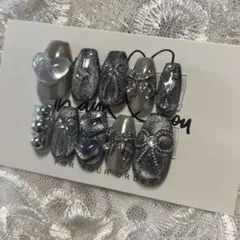 【No.420】現品販売 ネイルチップ シルバー 黒 ミラー リボン ハート