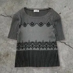 MICALADY 刺繍 ボーダー柄 ニット グレー 半袖 ジャガード レトロ M