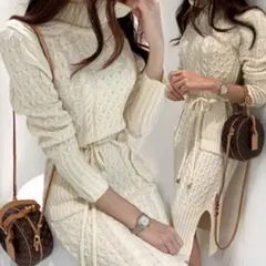 アイボリー ニットワンピース タートルネック　美品