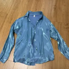 青色 光沢 長袖ボタンシャツ