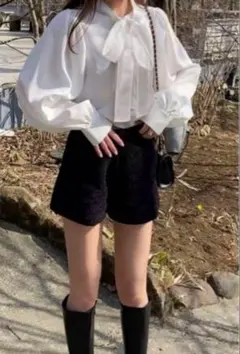 GRL ボウタイボリュームスリーブブラウス ホワイト[al122]