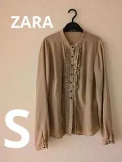 【ZARA BASIC】フリルブラウス ブラウン 長袖 上品 きれいめ 春