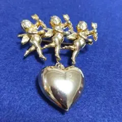 80'S アンティーク調 天使 & ハート型ブローチ 揺れるハート ゴージャス