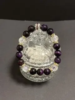 109. パープルカラータイガーアイ・虹入りクラック水晶　天然石ブレスレット