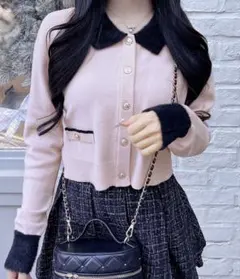 INGNI フェザー襟配色ニットカーディガン