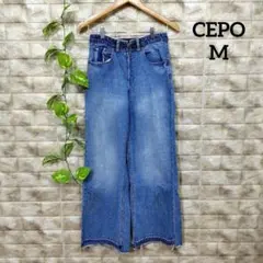セポ デニムパンツ(M)ジーンズ コットン青 ダメージ加工 ハイウェスト 大人
