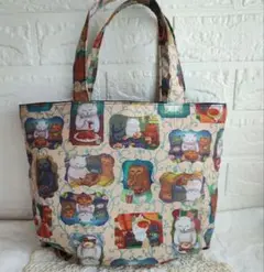 ハンドメイド　トートバッグ　内ポケット付き　カマノレイコ生地使用　猫柄