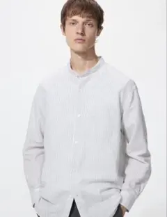 UNIQLOユニクロ　コットンリネンスタンドカラー ストライプ 長袖シャツ　m