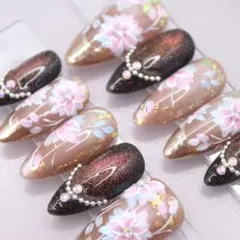 629 ネイルチップSサイズ 韓国 上品 フレンチ　フラワー ミラー マグネット