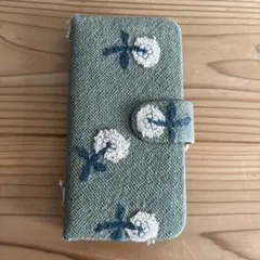 ミナペルホネン　スキップ　ハンドメイド　花柄刺繍 手帳型iPhoneケース