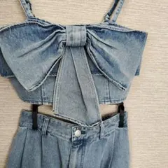 グレイル デニムリボン付きクロップトップ＆ロングスカートセットアップ Mサイズ