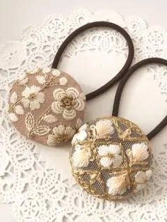 【No.115】インド刺繍 くるみボタン38㎜ ヘアゴム 2個セット