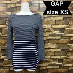 b0997 GAP (XS) ボーダー柄 長袖 ニット 紺色 ミドル丈