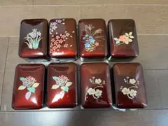 ⁠【新品未使用】和柄　小物入れ 8個セット アソート　箱付き⁠ 漆塗り風