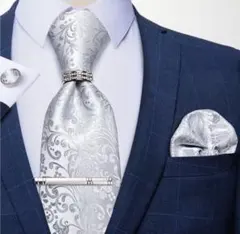 【5点セット】ネクタイペイズリーストライプ結婚式父の日銀シルバー