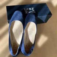 美品　ネイビー フラットシューズ 24cm スクエアトゥパンプス スエード