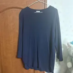 ネイビー リブ編み 七分袖カットソー Lサイズ