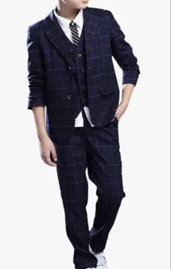 ネイビーチェック柄スーツ150 ネクタイ付き