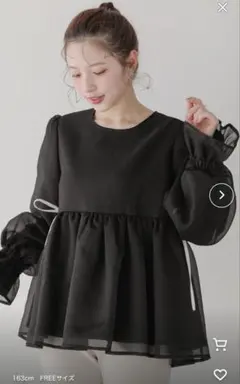 新品【Fit more】クリンクルシアーオーガンジーボリュームスリーブトップス