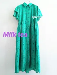 【新品】Milk tea カットワークレース　半袖シャツワンピース　グリーンのサムネイル