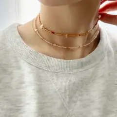 ハンドメイド ピンク ビーズネックレス チョーカーシンプル 淡色パール