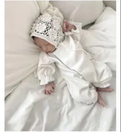 【monbebe】 ブルーグローリーロンパース（ロングレッグ）　ボンネットセット