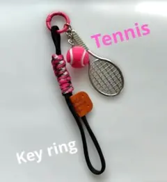 ハンドメイド　テニス ラケット ボール キーホルダー ピンク