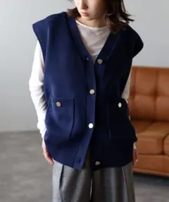 Bonjour Sagan金釦ニットベストネイビー