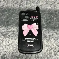 iPhone14ケース ブラック リボン ハート