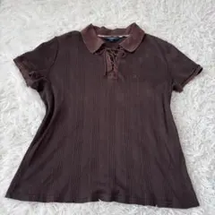 バーバリー ポロシャツ レースアップ 半袖 茶色 2（A344）