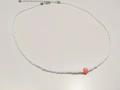 一粒珊瑚×ホワイトチョーカー　シルバー金具　ビーズネックレス韓国　サンゴ