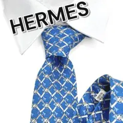 の*り様 70147 HERMES シルクネクタイ ブルー　格子柄　ABランク