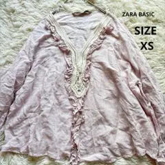 ZARA BASIC ザラベーシック 麻混 フリル レース ブラウス XSのサムネイル