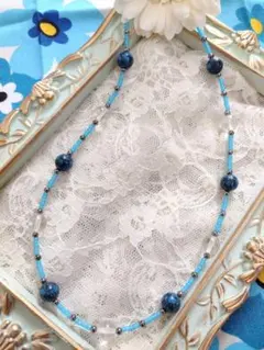 アジャスター付き ビーズネックレス(青✕クリスタル)