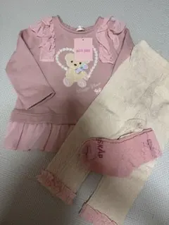 メゾピアノ ピンク フリル付きクマ刺繍セットアップ 80