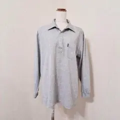 ヴィンテージ　長袖ポロシャツ【L】グレー系　ストライプ　袖口ゴム　メンズ