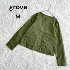 【グローブ】M 美品　ノーカラージャケット　薄手　シンプル　うぐいす色