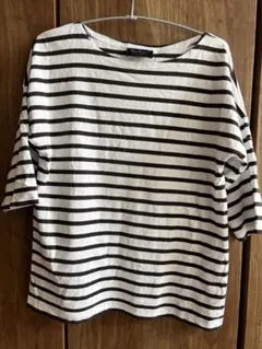 Le Minor ホワイト/ブラウンストライプ 五分袖Tシャツ