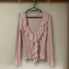 フリル＆ビーズ＆シフォン付 ピンク カーディガン レディース Ｍ　エレガント