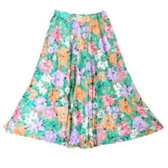 鮮やか花柄シフォンフレア ロングスカート ウエスト一部ゴム 軽量