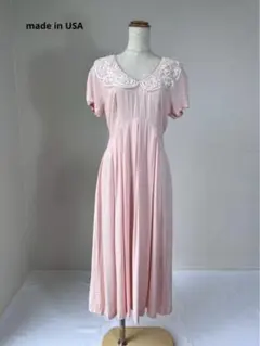 ヴィンテージ 80s USA製 デザイン襟 ロングワンピース ピンク Y791