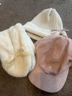 プティマイン　ファーマフラー、キャップ、ニット帽　冬の小物3点セット