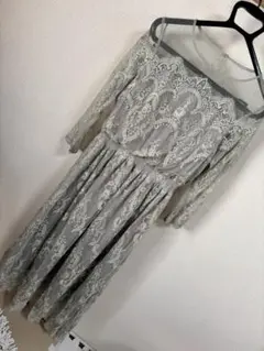 BEAMS heartグリーン系レース 7部袖ワンピース M