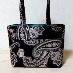 Ｈ80　七色ペイズリー ハンドメイドトートバッグ 金襴 黒×ロゼシルバー