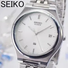 稼働★ セイコー クォーツ メンズ 腕時計 デイト 白文字盤 シルバー